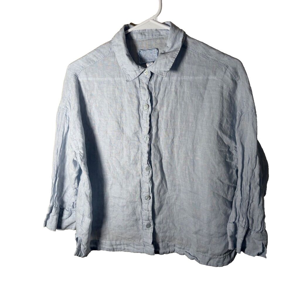Sigrid Olsen Shirt Women's Small Blue Button Up 3/4 Sleeve 100% Linen Shirt Top
